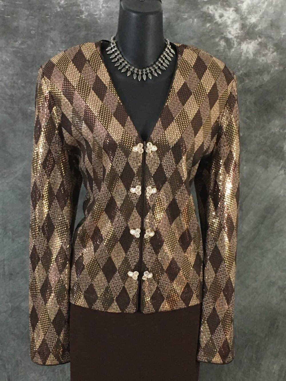 BEAUTIFUL St John knit Brown multi rhinestones embellished skirt suit Size 12 - Picture 5 of 10